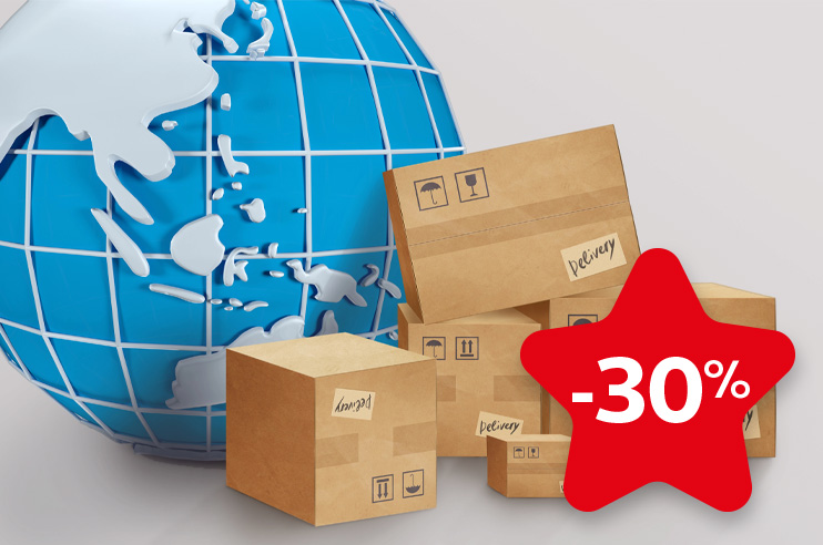 globo azul com encomendas e estrela de desconto